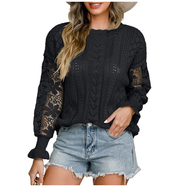 Yuyuzo Chandails Boho pour Femmes, Pull à Col Rond à Manches Longues avec Trou pour Illets, Haut Tricoté Uni