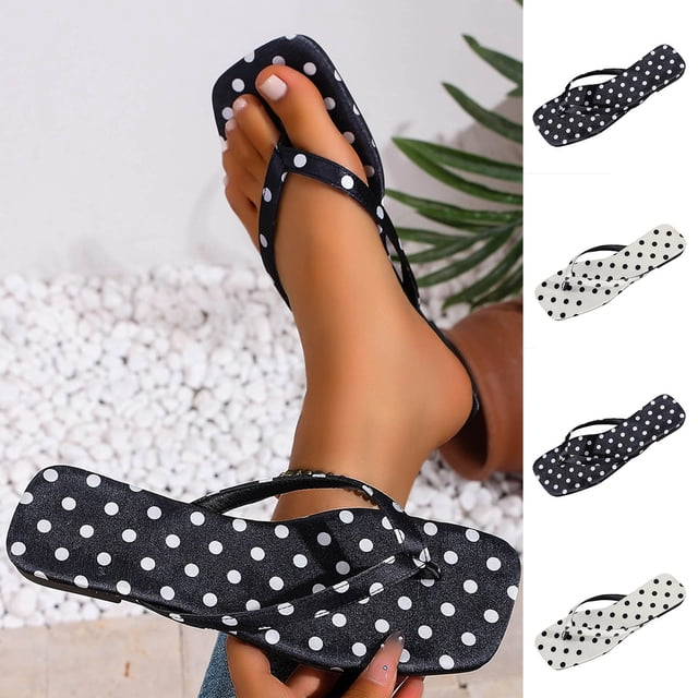Jovati Summer Slippers for Women, Polka Dot Twill Design with Soft Rubber Sole, Breathable Lining, Non-Slip Traction, Lightweight Beach Shoes, All-Match Casual Style