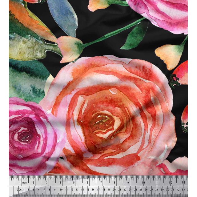 Soimoi polyester Crepe Fabric Leaves & Rose Flower Print Fabric by Yard 52 Inch Wide