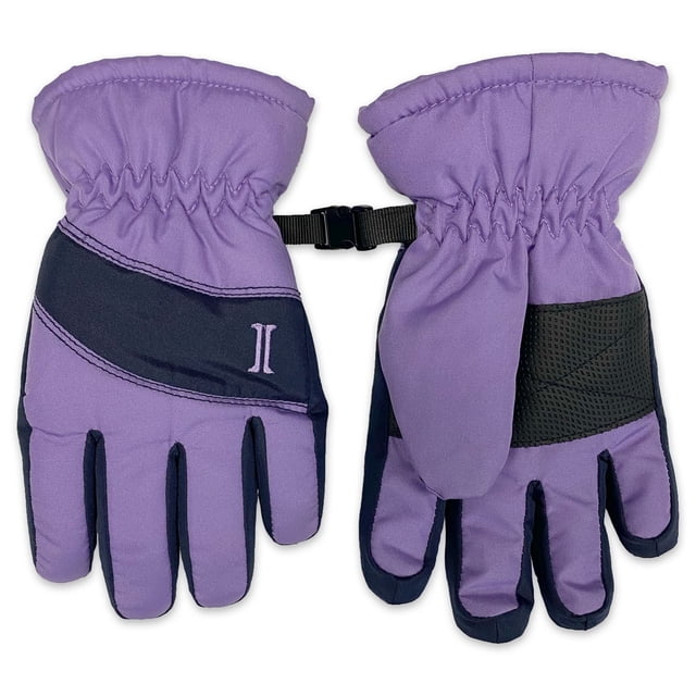 Gant de Ski pour Filles IGLOOS en Violet avec accents Noirs, Montré à l'Avant et à l'Arrière. Gants Isolés avec Coquilles Coupe-Vent et Hydrofuges, Poignets Élastiques Ajustables et une Pince pour Connecter les Deux Gants, Convient pour Garder les Mains des Enfants au Chaud et au Sec pendant les Activités Extérieures d'Hiver.