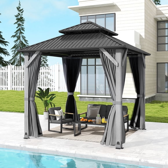 Howsvn 8.5 x 8.5 ft. Patio Cedar Wood Gazebo, Outdoor Double Roof Hardtop Wooden Gazebos with Curtains and Netting for Backyard, Deck