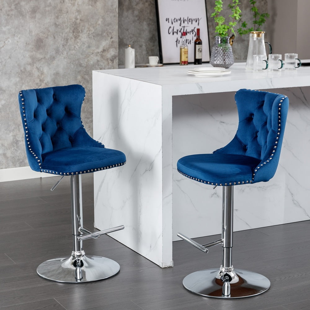 Set of 2 Adjustable Swivel Bar Stools,25-33 Inch Velvet Bar Stools with Handmade Tufted Back,Nailhead Trim, Scratch-Resistant Chrome Base,360° Swivel Bar Chairs for Kitchen Island & Pub,Blue