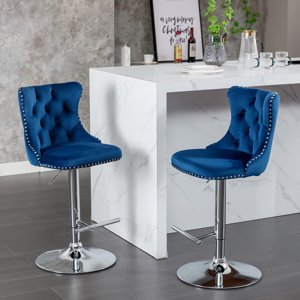 Set of 2 Adjustable Swivel Bar Stools,25-33 Inch Velvet Bar Stools with Handmade Tufted Back,Nailhead Trim, Scratch-Resistant Chrome Base,360° Swivel Bar Chairs for Kitchen Island & Pub,Blue
