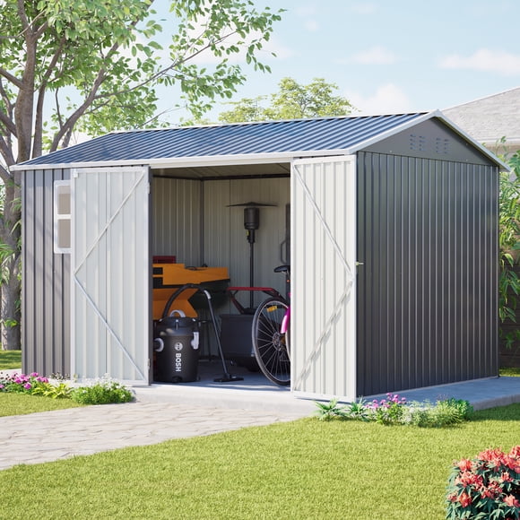 LZBEITEM 10' x 8' Outdoor Metal Storage Shed with Window & Lockable Doors, Waterproof Garden Tool Shed for Backyard, Large Storage House with 4 Vents, Grey