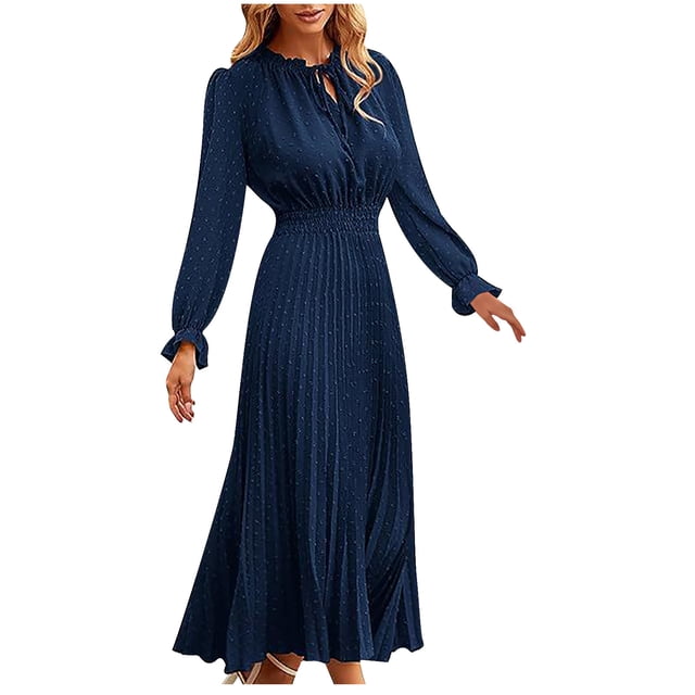 cfhntfmh Robes d'Invitée de Mariage pour Femmes Tendance à Découpes à Volants Col Ras du Cou Robe Maxi Smockée Ample Plissée Robe de Soirée