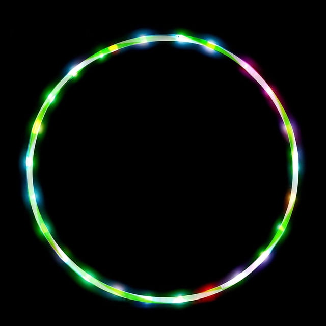 Hula Cerceau DEL pour Enfants et Adultes avec 24 Couleurs DEL Changeantes, Fabriqué en Polyéthylène de Haute Qualité. Léger, Sécuritaire pour la Peau et Idéal pour les festivals, Fêtes, Activités de Mise en Forme en Plein Air et Exercices à la Taille. le Cerceau s'Affiche Lumineux en Lumières Multicolores Vibrantes sur un Fond Sombre.