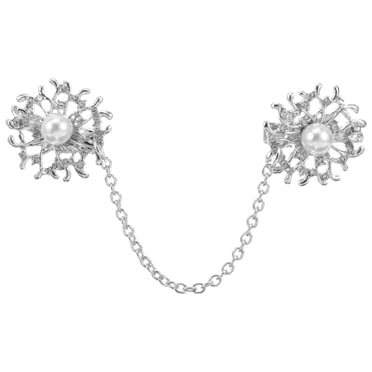 Miangastore Cardigan à Clip pour Femmes en Alliage avec Perles, Col à Boucle à Maillons, Broche de Connexion pour Chandails (Argent)