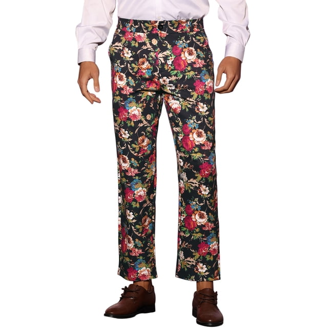 INSPIRE CHIC Pantalon Habillé à Fleurs pour Homme, devant Plat, Fête, Bal de Promo, Pantalon Imprimé de Fleurs 38 Noir Rouge