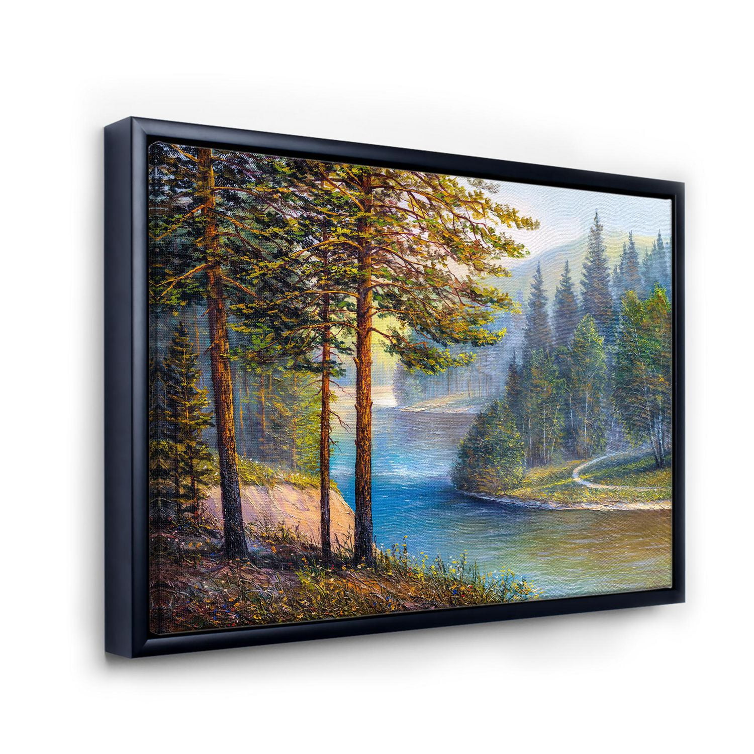 Designart Lumière du soleil du matin à travers la forêt de pins et de sapins ART MURAL À CADRE FLOTTÉ