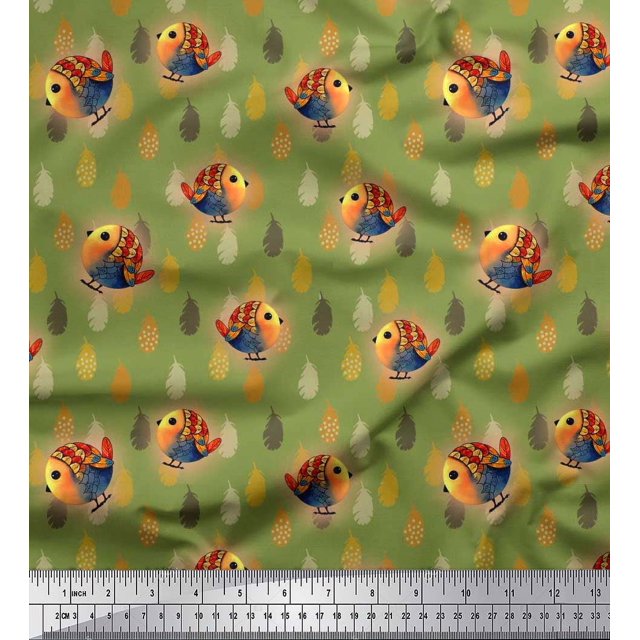 Soimoi Modal Satin Fabric Feather & Bird Cartoon Print Sewing Fabric Yard 42 Inch Wide
