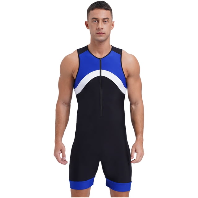 Sxiwei Men's Sun Protection Jumpsuit Sleeveless Rash Guard Zipper Bodysuit Swimwear Surfing Bathing Blue XXL