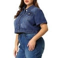 thumbnail image 4 of Agnes Orinda Women's Plus Size School College Denim Jacket Short Sleeves Button Down Cropped Jean Jackets L Blue, 4 of 8