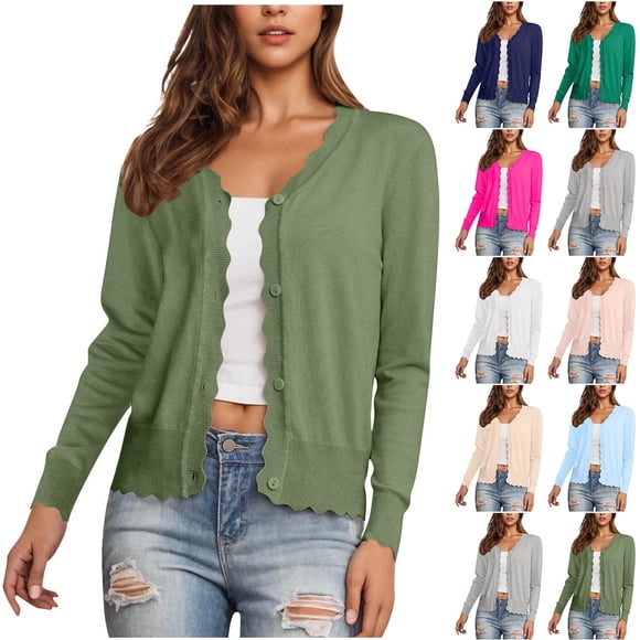 CFLVAEK Cardigan Sweaters for Women Knit Button Down Open Front Cardigan Sweater Fall Casual Long Sleeve Wave Hem Tops Hot Pink L