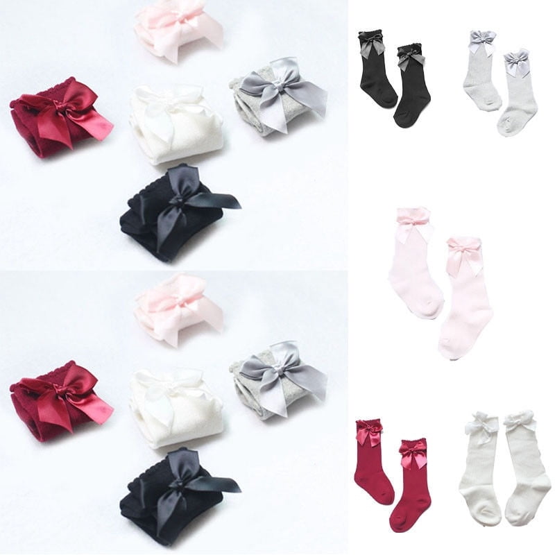 0-4 Years Infant Baby Girls Knee High Stockings Cotton Bow Knee Tight Cute Solid Socks Ribbon Set