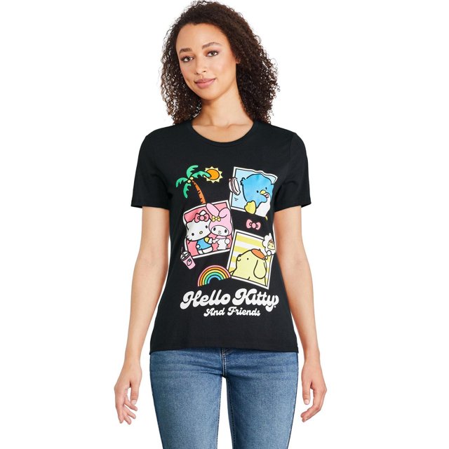 Hello Kitty Women's Short Sleeve Tee in black jersey knit with a crew neckline and short sleeves, featuring colorful graphic prints of Hello Kitty and friends including a palm tree, sun, and rainbow, designed with a relaxed girlfriend fit ideal for casual outfits.