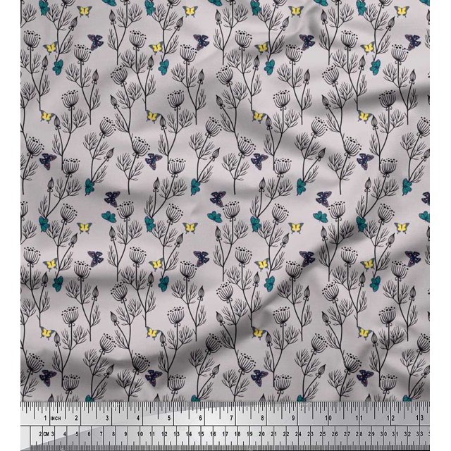 Soimoi Gray Poly Georgette Fabric Insect & Floral Artistic Print Fabric by Yard 42 Inch Wide
