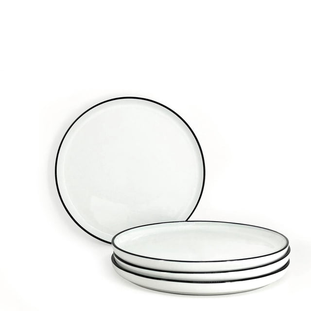 BIA S/4 Silhouette Ensemble d'Assiettes à Salade de Quatre Assiettes en Porcelaine Blanche avec Rebords Noirs, Diamètre de 20 cm (8 Pouces), Forme coupe, Empilées avec une Assiette Verticale, au Charme Européen et au style bistro Classique, Va au Micro-Ondes et au Lave-Vaisselle, Convient Aussi pour Servir des hors-D'œuvre.