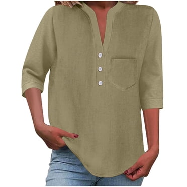 Lenpel Hauts pour Femmes à Manches 3/4, Col en V, Demi-Boutonnage, Couleur Unie, Chemises de Travail Business Casual, Tuniques Amples