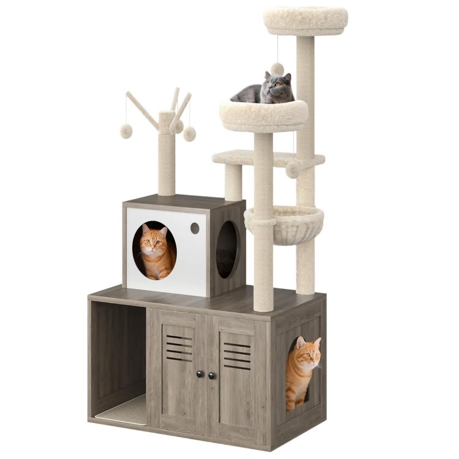 Ourlova 3-In-1 Cat Tower Large Cat Tree with Litter Box Enclosure Rustic Grey
