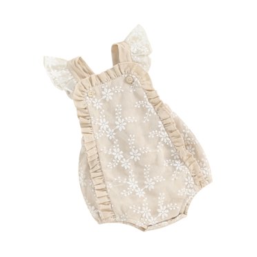 EYIIYE Infant Baby Girls Daily Rompers 0-12M Newborn Fly Sleeve Jumpsuits Sqaure Neck Rompers Lace Embroidery Buttons Frills Bodysuits Little Girl Cute Casual Summer Clothes