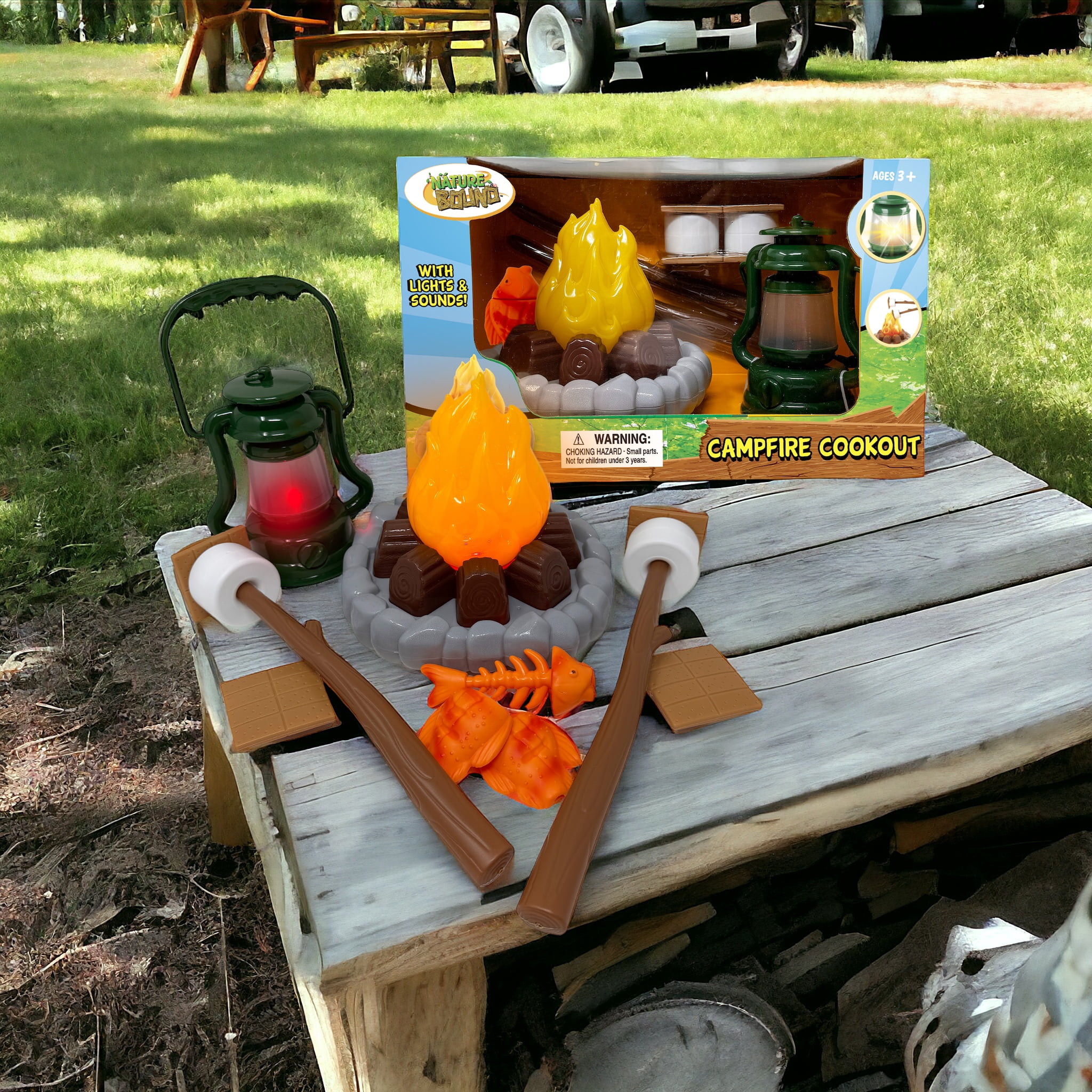 Nature Bound – Ensemble de camping pour enfants avec feu de camp lumineux – Coffret de jeu avec lumières pour aventures intérieures et extérieures – S’mores factices, lanterne et accessoires