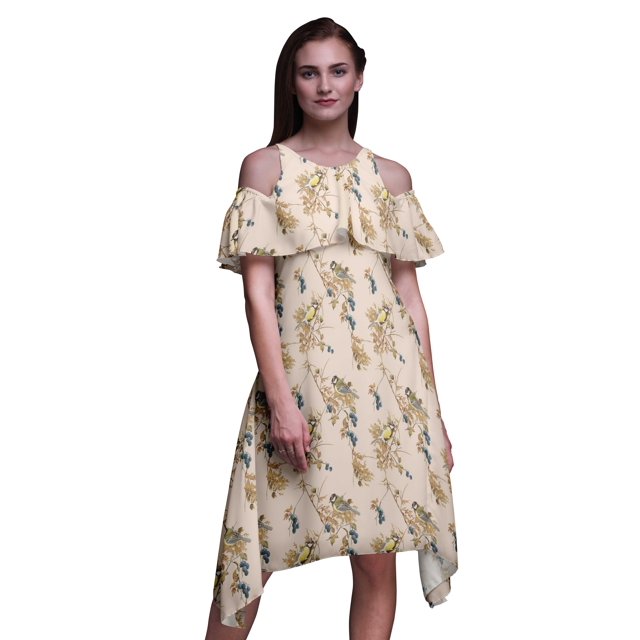 Bimba White Bird Print Flutter Sleeve Womens Party Tunic Cold Shoulder Midi Dress - XXX-Large