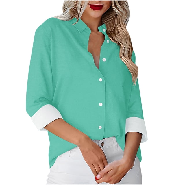 Besolor Button Down Shirts for Women Solid Color Long Sleeve Colared Tops Loose Office Blouses for Casual Work