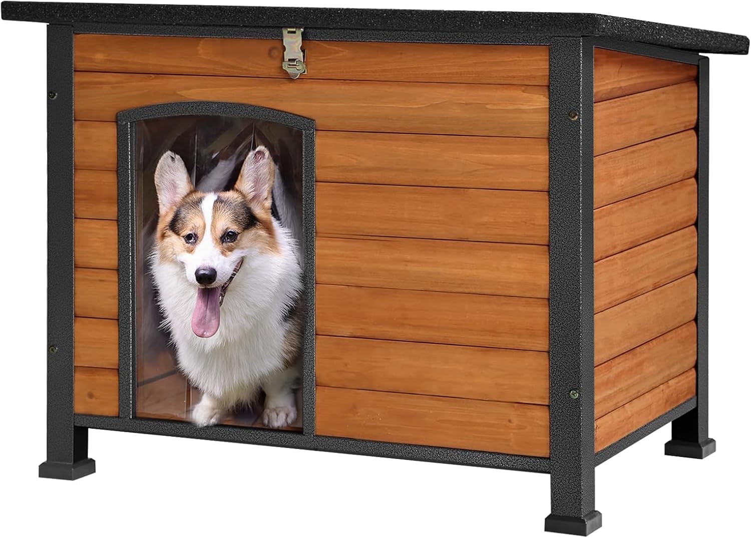 Aivituvin Chew Proof Dog House with Metal Iron Frame Outdoor Dog Kennel for Small Medium Large Indoor Dog Cage (33.5" L,Brown Colour)