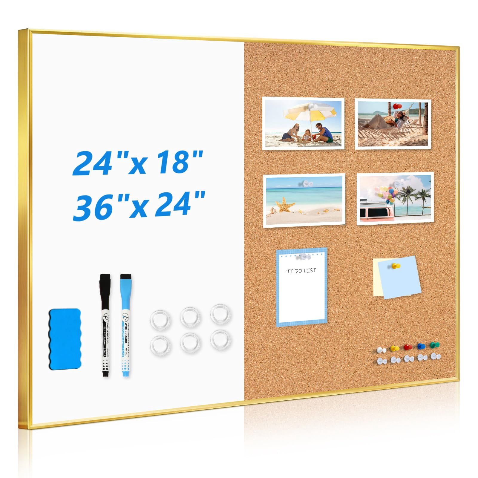 QUEENLINK White Board Cork Board Combo, 36'' x 24'', Magnetic Dry Erase Board and Pin Board for Wall, Gold Aluminum Frame Bulletin Board for Home Off