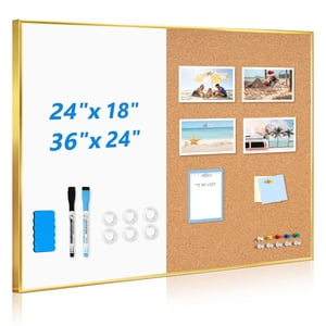 QUEENLINK White Board Cork Board Combo, 36'' x 24'', Magnetic Dry Erase Board and Pin Board for Wall, Gold Aluminum Frame Bulletin Board for Home Off