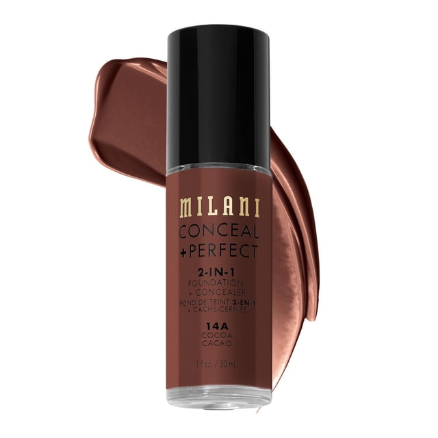 Milani Conceal + Perfect 2-in-1 Foundation + Concealer in shade 14A Cocoa, in a clear cylindrical bottle with black cap, shown with a swatch of creamy medium-dark brown liquid foundation on a white background, emphasizing its medium to full coverage and natural matte finish.