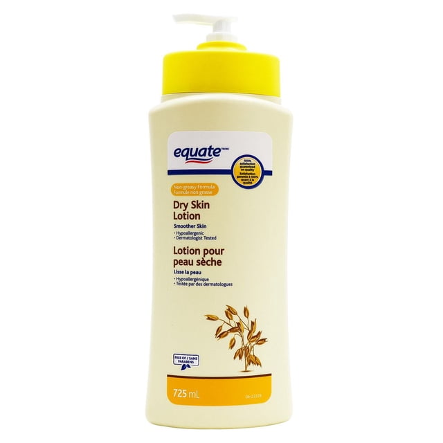 Equate Pure Oat Extract Dry Skin Body Lotion, 725 ml, front-facing beige bottle with yellow pump dispenser, labelled in English and French as a fast-absorbing, non-greasy lotion that moisturizes and smooths dry skin, hypoallergenic and dermatologist tested, featuring oat extract illustration and paraben-free claim, ideal for daily body care.
