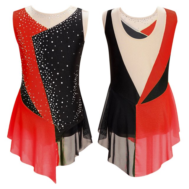Alvivi Filles Enfants Justaucorps de Danse de Gymnastique Scintillant en Strass Robe de Patinage Artistique de Compétition Rouge 14
