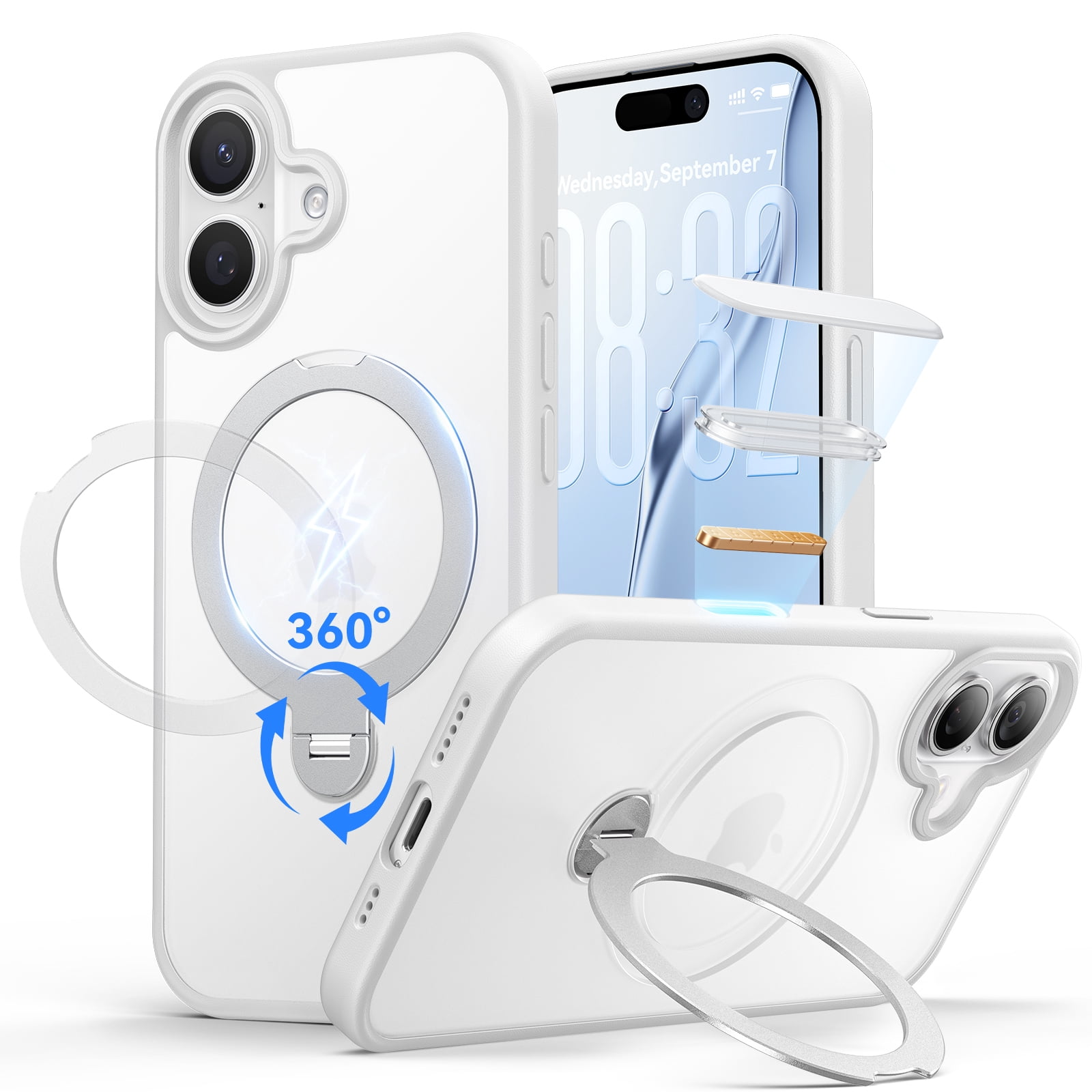 VENINGO Magnetic Case for iPhone 16 with 360° Rotatable stand, Compatible with Mag-safe, Shock Resistant Slip Resistant iPhone 16 Phone Case 6.1", White