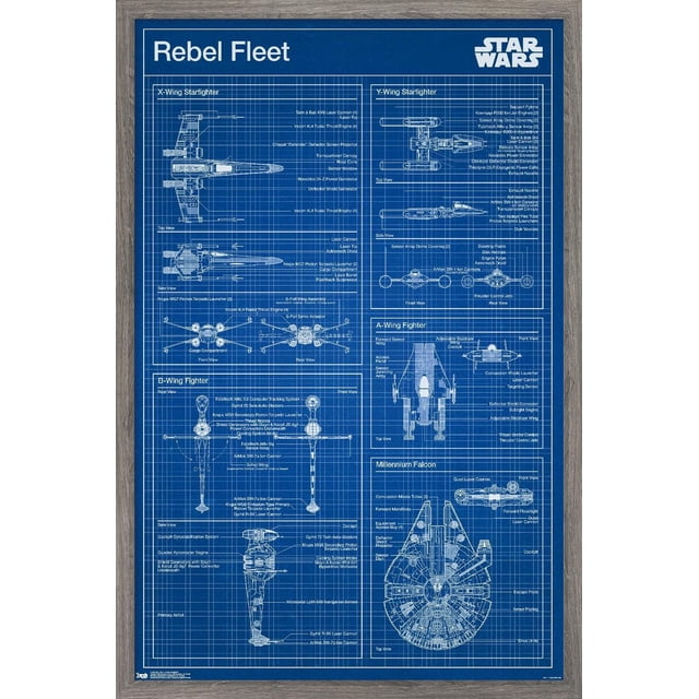 Star Wars : Saga - Affiche Murale de Plan Rebelle, 22,375 Po x 34 Po Présentant des Plans Techniques Blancs Détaillés de Vaisseaux de la Flotte Rebelle Incluant des X-Wing, Y-Wing, B-Wing, A-Wing Fighters et Millennium Falcon sur un Fond à Grille Bleue avec des Pièces Étiquetées et des Vues Multiples, Imprimée sur Papier d'Affiche Lustré avec un Cadre en Bois Gris, Convient pour Décorer des Chambres, des Bureaux Ou des Rés