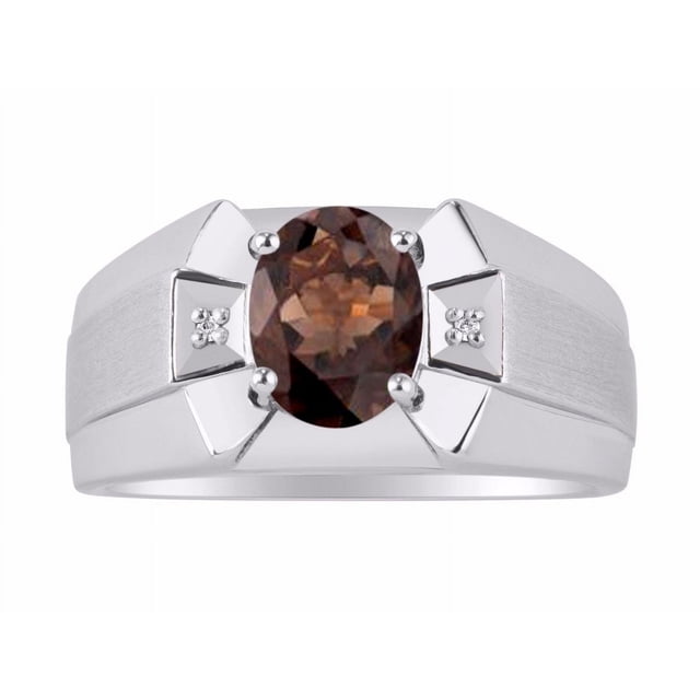 RYLOS Men's Rings Sterling Silver Rings Classic Designer 9X7MM Oval Gemstone & Diamond Ring Smoky Quartz June Birthstone Ring Size 13