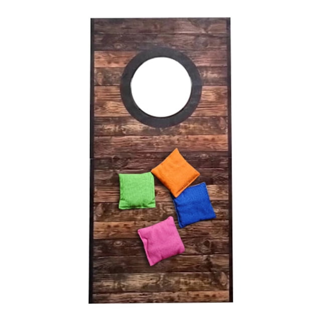 BotaniNest Solid Wood Vintage Cornhole Game Set One 22.8 featuring a compact 22.8x11.4-inch wooden board with a rustic woodgrain finish and a circular target hole. Includes four colourful cornhole bags in green, orange, blue, and pink. Designed for indoor and outdoor use, this portable game set is ideal for backyard parties, beach outings, or friendly competitions.