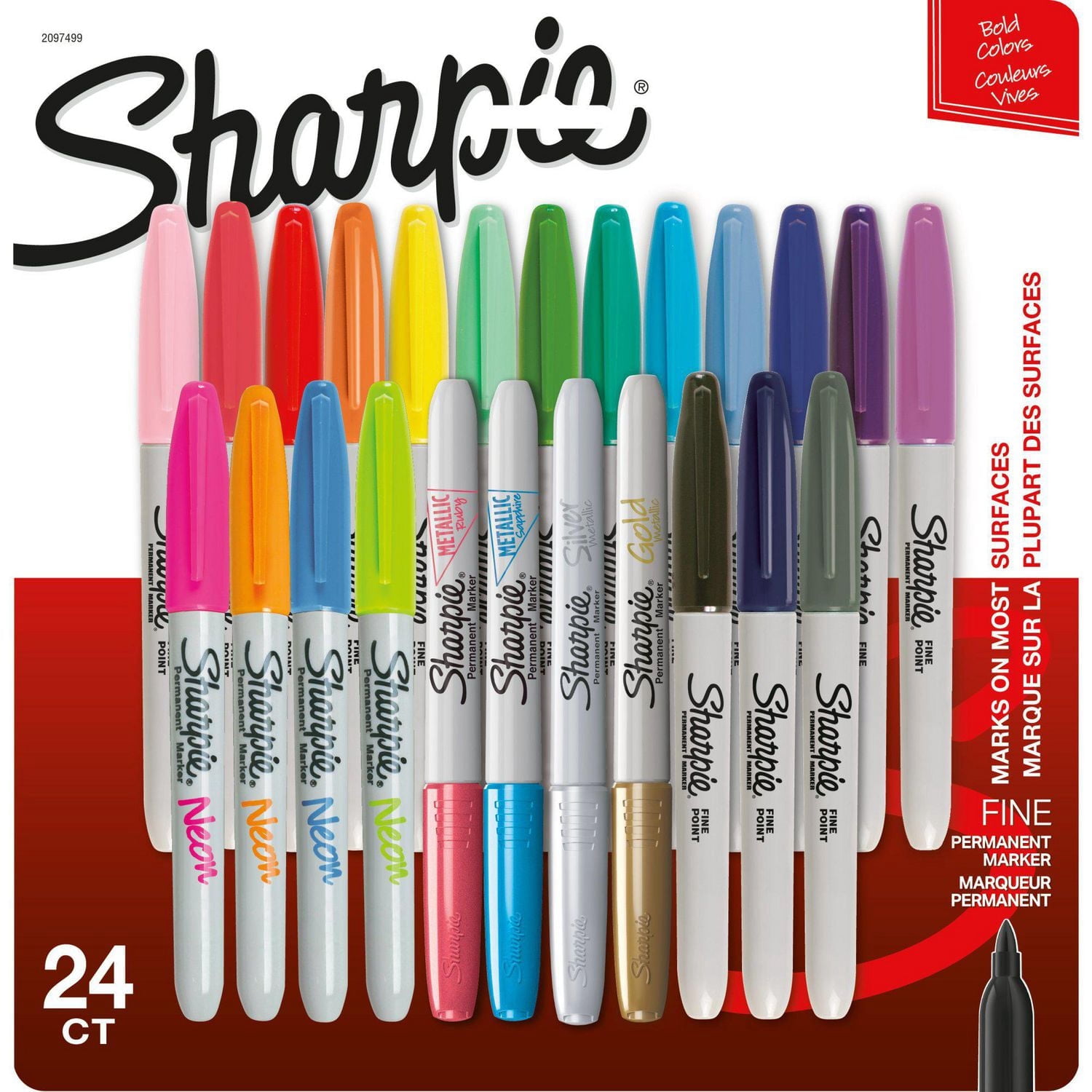 Marqueurs permanents Sharpie, pointe fine, couleurs assorties, 24 unités