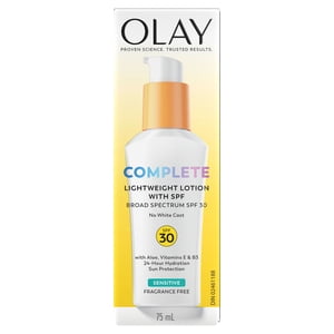 Olay Face Moisturizer, Complete with Spf 30, Fragrance-Free for Sensitive Skin, Broad Spectrum Sun Protection, Long-Lasting Hydration, Non-Comedogenic - Vitamin E & Aloe, 75 mL