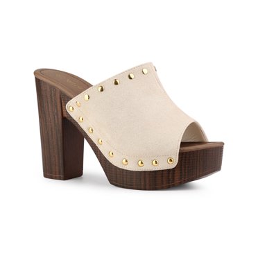 BLISSFUL STEP Women's Shoes Platform Chunky Heels Open Toe Rivet Faux Suede Slides Sandals  Beige 10