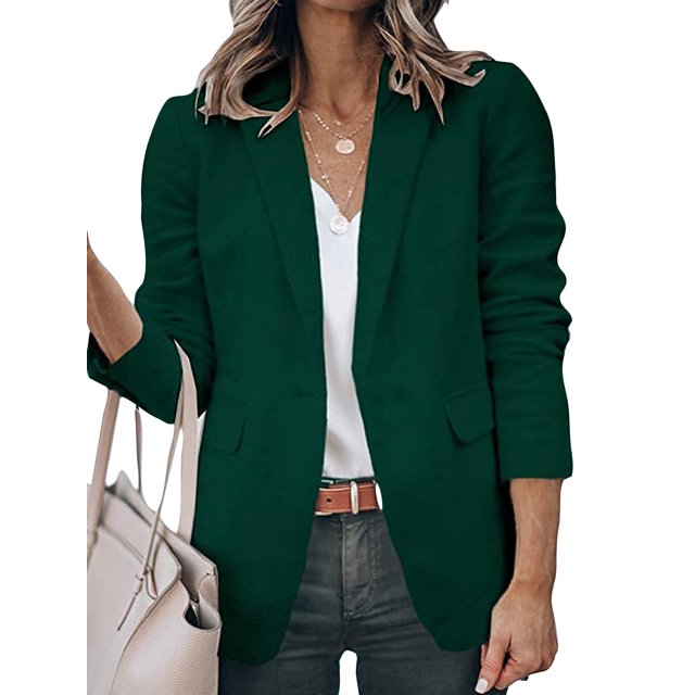 Innerwin Blazers Solid Color Women Cardigan Jacket Work Shawl Neck Slim Fit Business Jackets Dark Green M