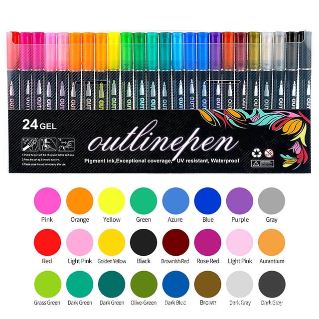Double Line Outline Marker Pens Set featuring metallic ink for highlighting on glass, ceramic, or paper. The set includes 24 vibrant glitter colors such as pink, orange, yellow, green, blue, and purple. Each pen has an 8ml capacity and creates a distinctive double outline effect, ideal for DIY projects, guest books, and decorations. The pens are water-based, quick-drying, and suitable for use on various surfaces like wood, metal, and plastic. Packaged in a PVC box with color labels for easy identification.