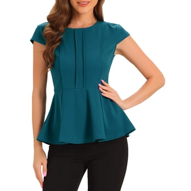 INSPIRE CHIC Women's Peplum Tops Cap Sleeve Round Neck Solid Color Blouses M Peacock Blue