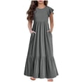 thumbnail image 1 of Huvoen Robe d'Été pour Filles Mode Filles Été Nouvelle Manches Courtes Col Rond Robe de Couleur Unie Gris 8 Ans, 1 of 6