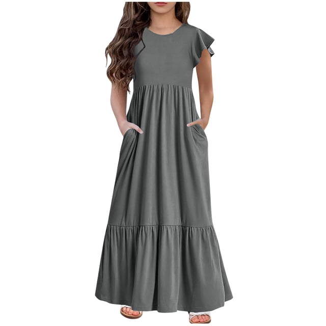 Huvoen Robe d'Été pour Filles Mode Filles Été Nouvelle Manches Courtes Col Rond Robe de Couleur Unie Gris 8 Ans