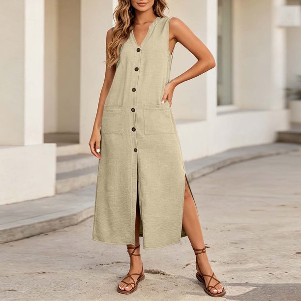 cute business casual dresses Sentmoon Shirt for Women Summer Dresses for Women Solid Color Sleeveless V Neck Button Down Loose Fit 2026 Dress for Women Size:S_14-16 Fabric Composition: 97% POLYESTER 3% ELASTANE Petite Viscose Cady Backless Wholesale attire