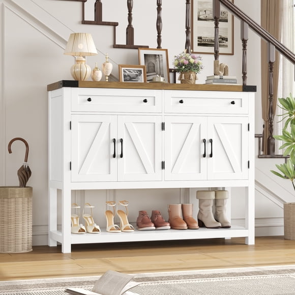 Homfa Table Console Style Ferme de 47,2 Po L avec 2 Tiroirs, Tables de Hall avec Tablette de Rangement Ouverte, Table de Sofa pour Salon, Vestibule, Couloir, Salle à Manger, Blanc&Brun