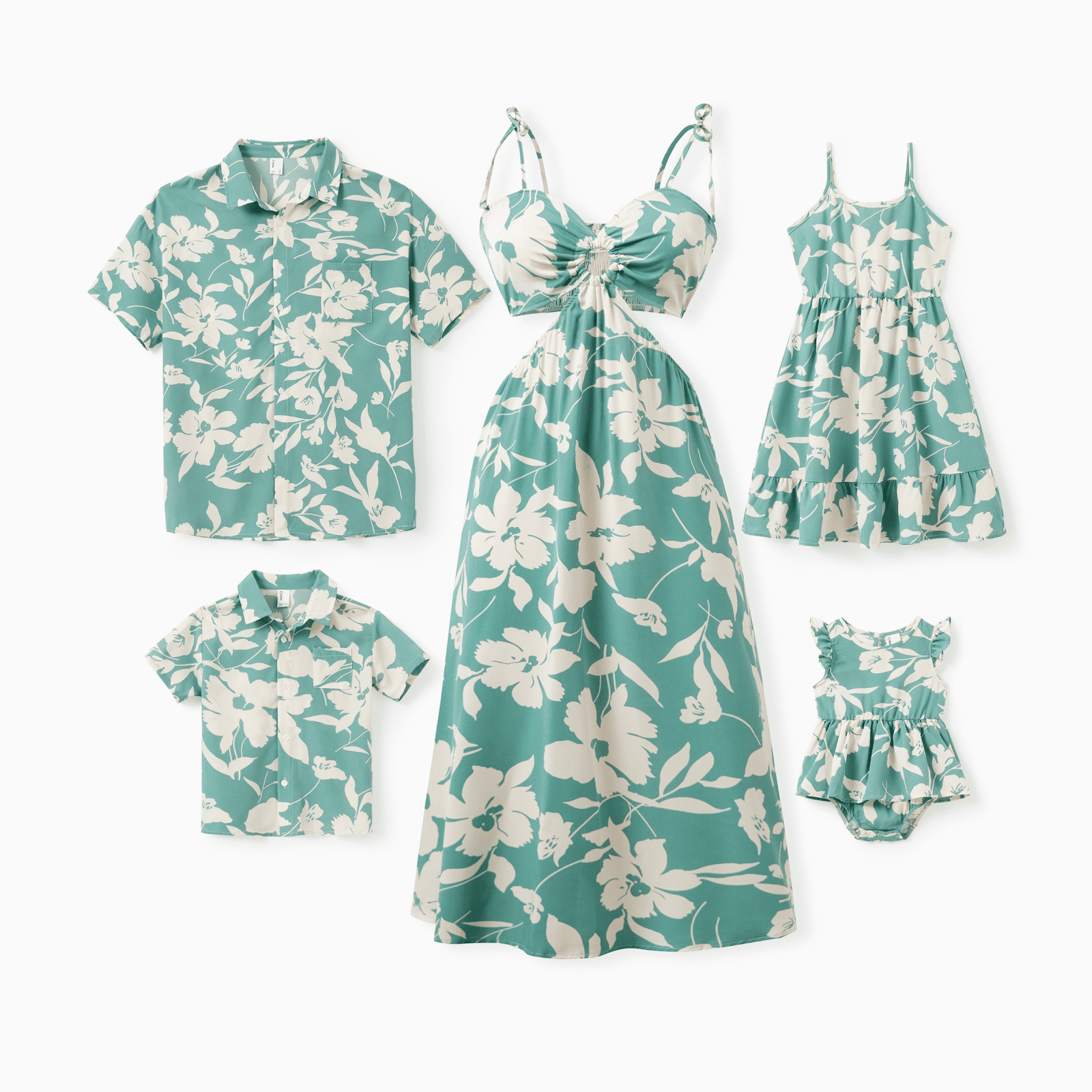 PatPat Ensemble Assorti pour la Famille, Chemise Verte à Manches Courtes à Imprimé de Feuilles Ou Robe à Bretelles Froncée