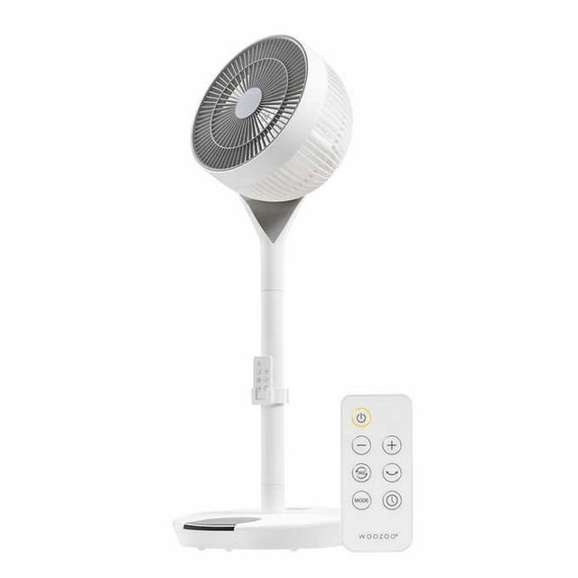 Woozoo 360 Pedestal Fan in white with adjustable height options of 21 or 36 inches. Features a remote control, capacitive touch controls, and a DC motor for quiet operation. Offers 10 speed settings, 3 airflow modes, and 360-degree oscillation for efficient air circulation. Compact base design and lightweight at 5.45 lbs, ideal for home cooling needs.