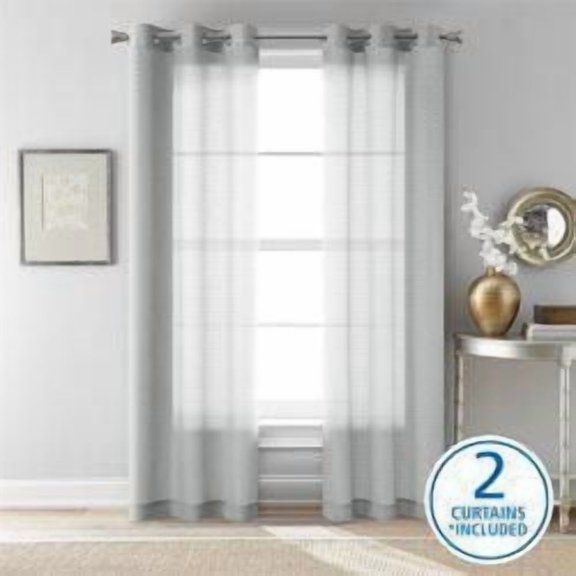 Mainstays Windowpane Sheer Window Curtains Panel Pair, Set of 2, White, 38" W x 84" L